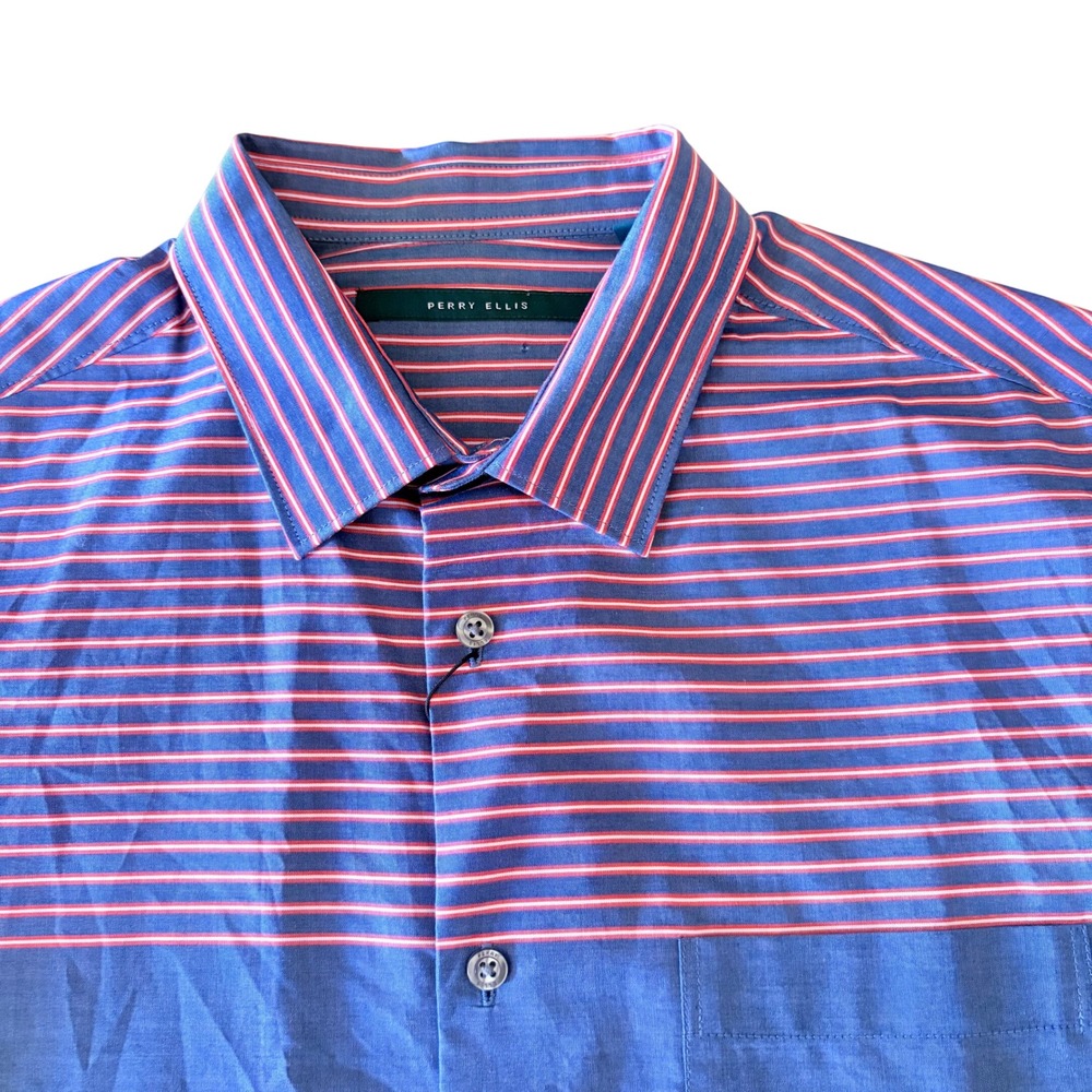 Perry Ellis Mens Long Sleeve Button Down Shirt Blue Pink Striped Yoke Size M NEW